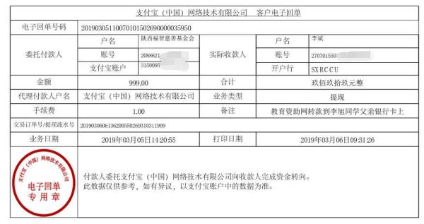 天禾一对一教育资助项目转款给李旭同学的电子回单