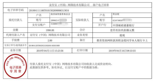 天禾一对一教育资助项目转款给程金霞同学的电子回单