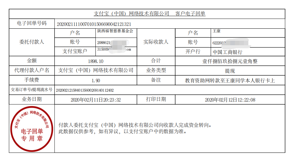 教育资助网给王康同学转款的电子回单