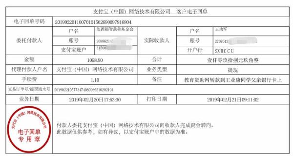 天禾一对一教育资助项目转款给王业康同学的电子回单