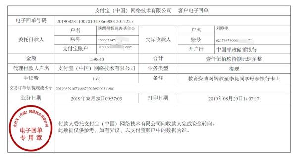 教育资助网转款给李昆同学的电子回单