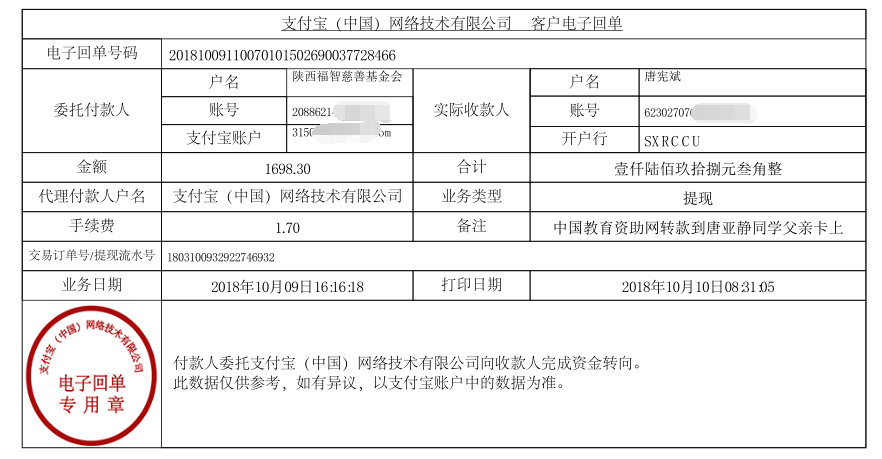 教育资助网给唐亚静同学转款的电子回单