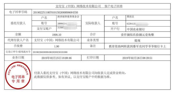 天禾一对一教育资助项目转款给慕军亮同学的电子回单