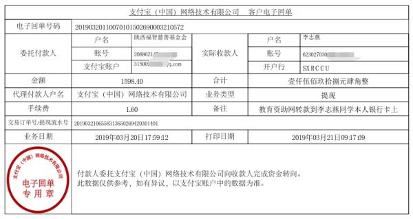 天禾一对一教育资助项目转款给李志燕同学的电子回单