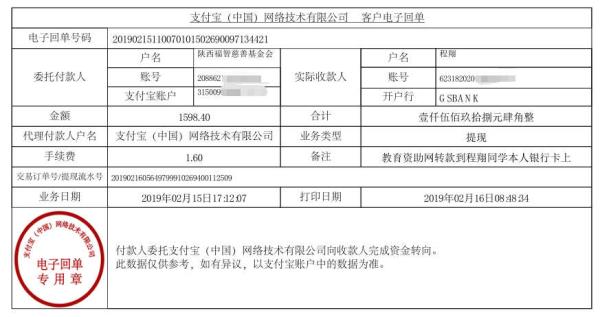 天禾一对一教育资助项目转款给程翔同学的电子回单	