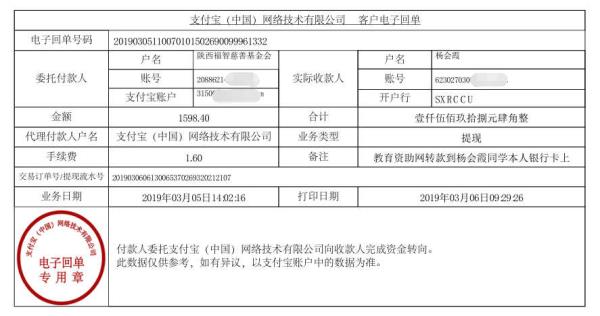 天禾一对一教育资助项目转款给杨会霞同学的电子回单	