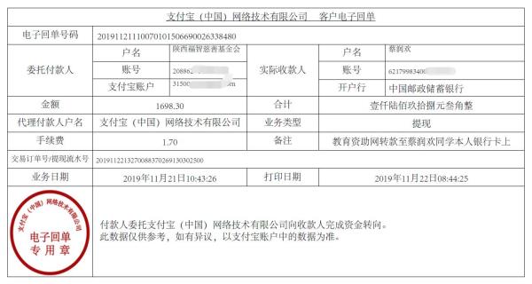 教育资助网转款给蔡润欢同学的电子回单