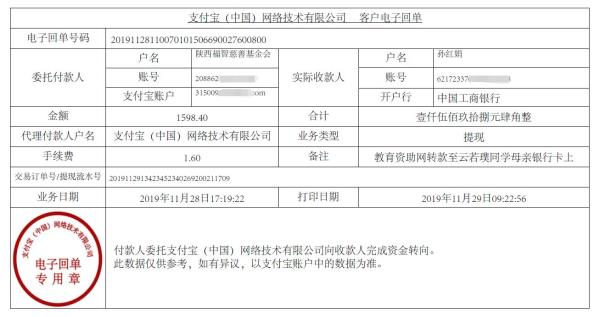 教育资助网转款给云若璞同学的电子回单