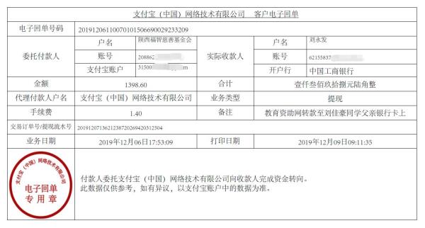 教育资助网转款给刘佳豪同学的电子回单