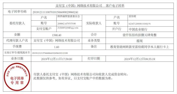 教育资助网转款给雷佳萌同学的电子回单