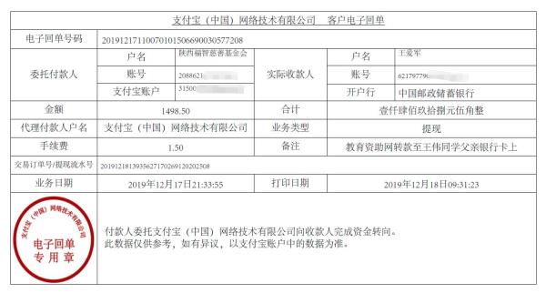 教育资助网转款给王伟同学的电子回单