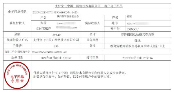 教育资助网转款给孙颖同学的电子回单