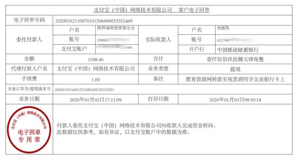教育资助网转款给祝思琪同学的电子回单