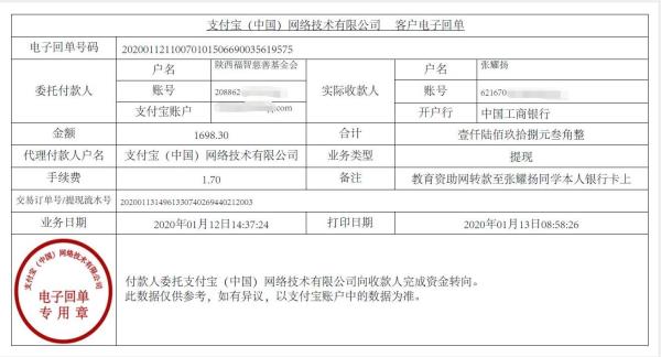 教育资助网转款给张耀扬同学的电子回单