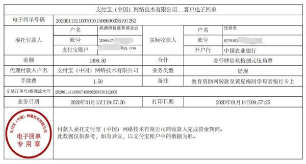 教育资助网转款给黄夏梅同学的电子回单