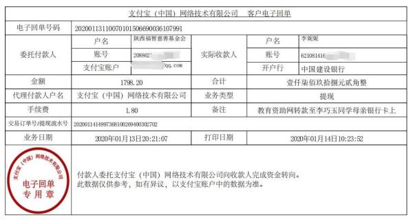 教育资助网转款给李巧玉同学的电子回单