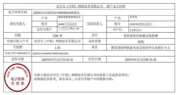 教育资助网转款给朱宝怡同学的电子回单