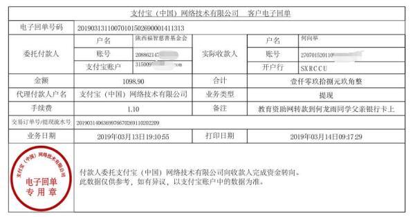 天禾一对一教育资助项目转款给何龙雨同学的电子回单