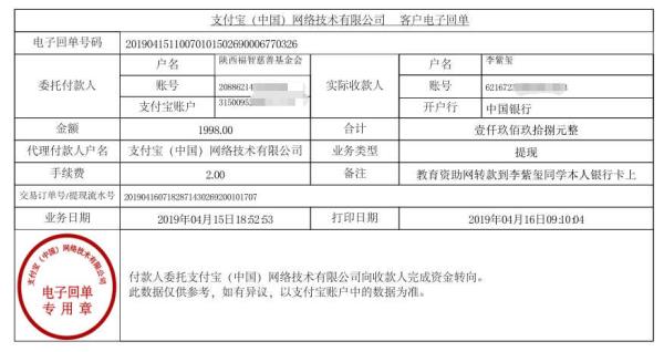 天禾一对一教育资助项目转款给李紫玺同学的电子回单