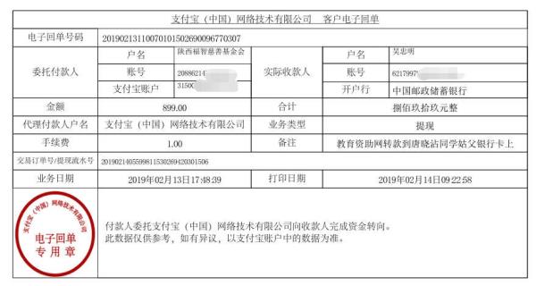 天禾一对一教育资助项目转款给唐晓沾同学的电子回单