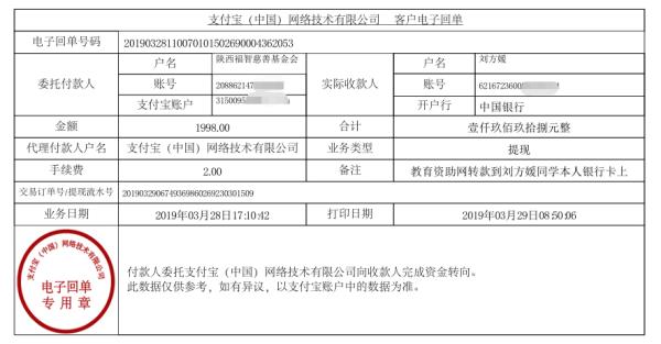 天禾一对一教育资助项目转款给刘方媛同学的电子回单	