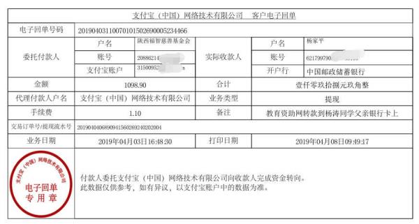 天禾一对一教育资助项目转款给杨涛同学的电子回单