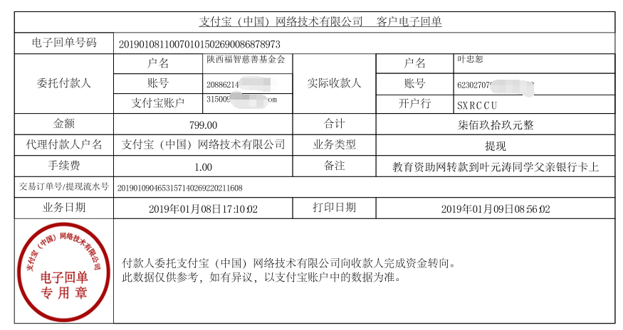 教育资助网给叶元涛任同学转款的电子回单