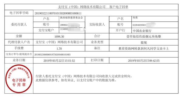 天禾一对一教育资助项目转款给何凡同学的电子回单