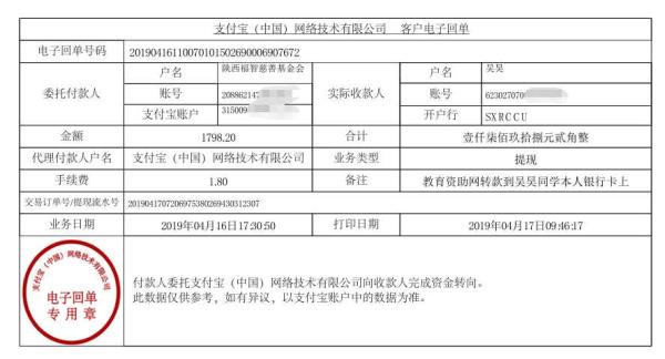 天禾一对一教育资助项目转款给吴昊同学的电子回单