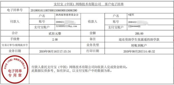 张露遥退款电子回单