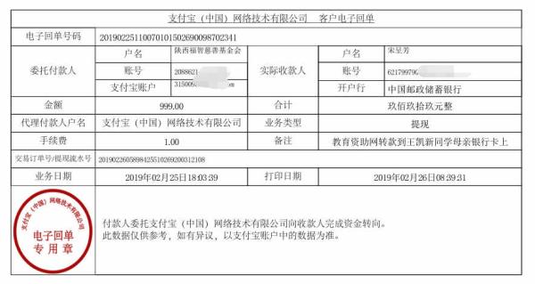 天禾一对一教育资助项目转款给王凯新同学的电子回单