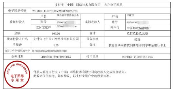 天禾一对一教育资助项目转款给唐思蓉同学的电子回单