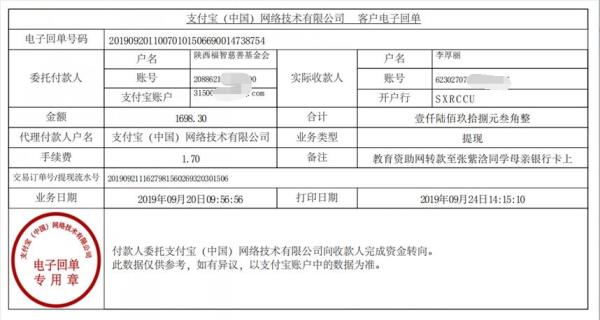 教育资助网转款给张紫浛同学的电子回单