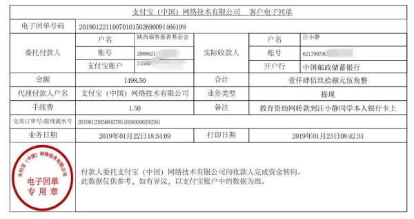 天禾一对一教育资助项目转款给汪小静同学的电子回单