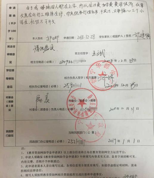 郭娜同学申请表正、反面