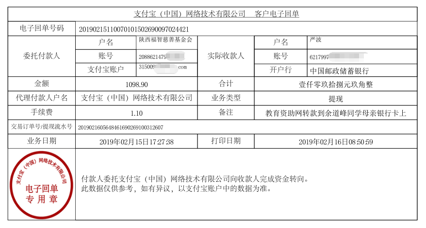 教育资助网给余道峰同学转款的电子回单