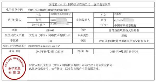 教育资助网转款给刘涛同学的电子回单