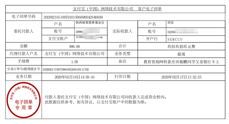 教育资助网给田振鹏同学转款的电子回单