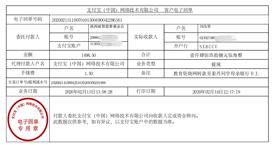 教育资助网给姜丹同学转款的电子回单