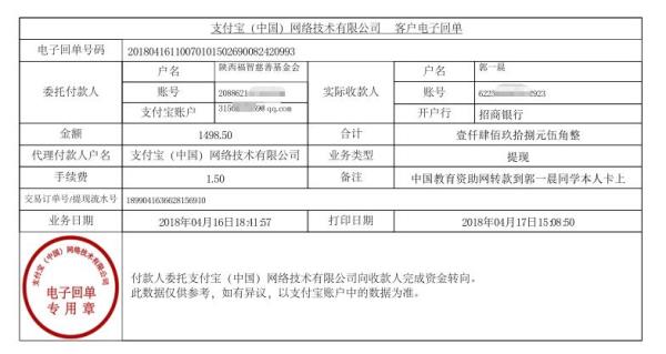 中国教育资助网给郭一晨同学转款的电子回单