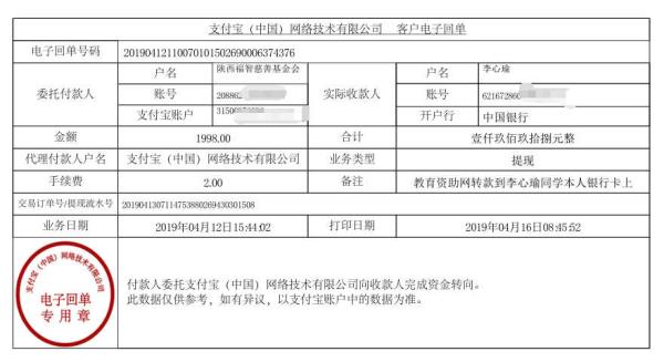 天禾一对一教育资助项目转款给李心瑜同学的电子回单	