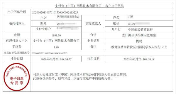 教育资助网给刘涵同学转款的电子回单