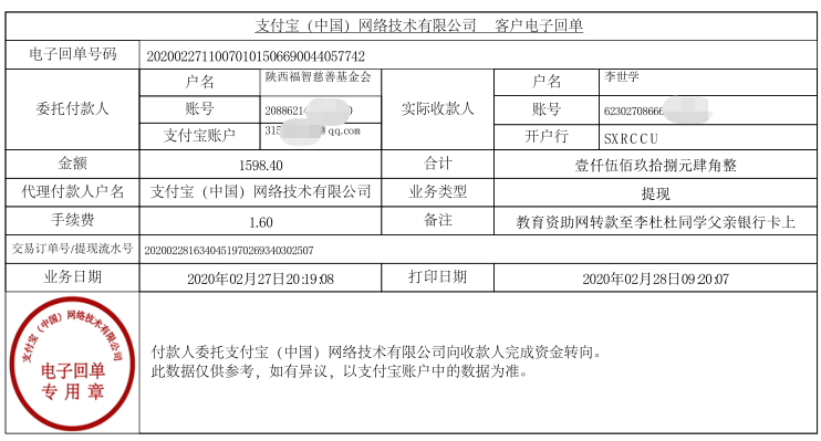 教育资助网给李杜杜同学转款的电子回单