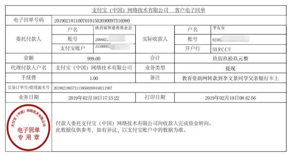 天禾一对一教育资助项目转款给李文景同学的电子回单