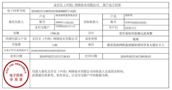 天禾一对一教育资助项目转款给郭阳明同学的电子回单