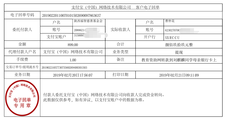 天禾一对一教育资助项目转款给刘麒麟同学的电子回单