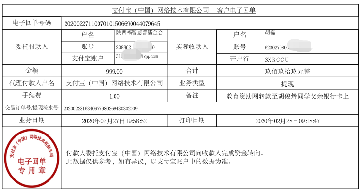 教育资助网给胡俊烯同学转款的电子回单