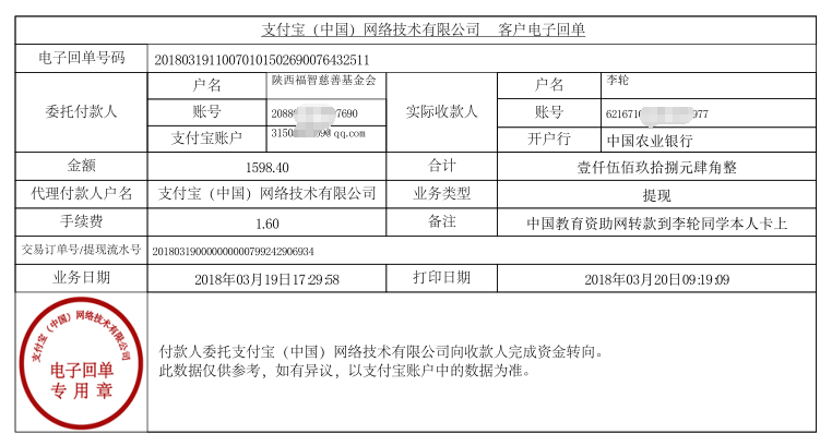 中国教育资助网给李武同学转款电子回单