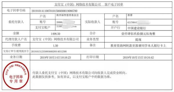 教育资助网转款给郭睿同学的电子回单