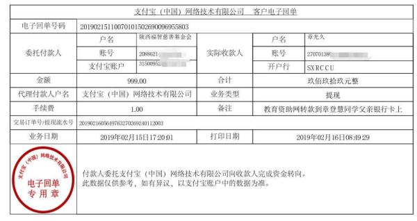 天禾一对一教育资助项目转款给章登慧同学的电子回单